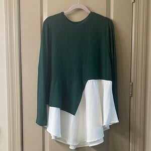 Green and White Asymmetrical Women's Top